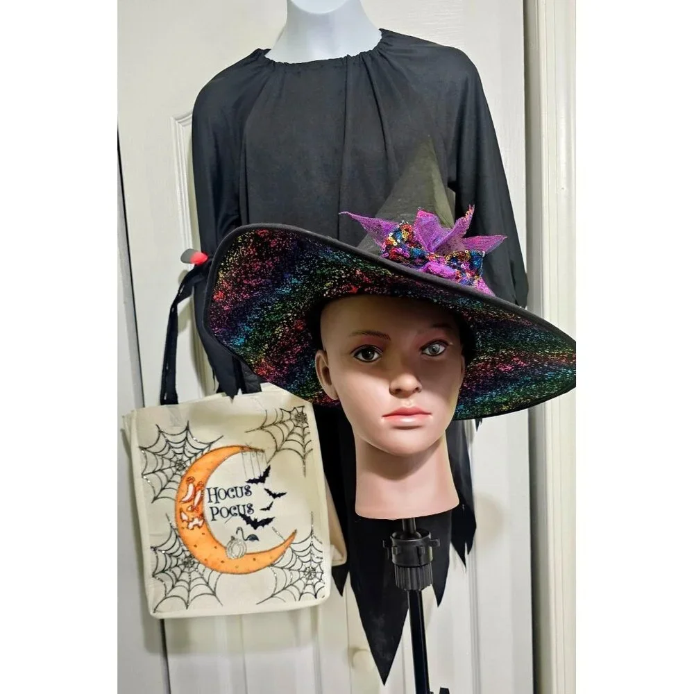 Girls Witch Costume Dress Hat Hocus Pocus Trick or Treat Bag Halloween Purple
